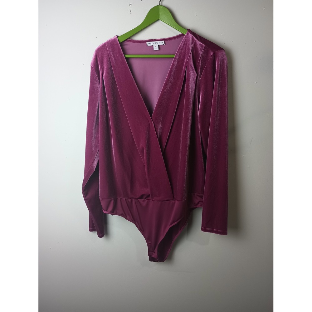 AND NOW THIS Womens Plus 2X Velvet Surplice Bodysuit Berry Pink Long Sleeve